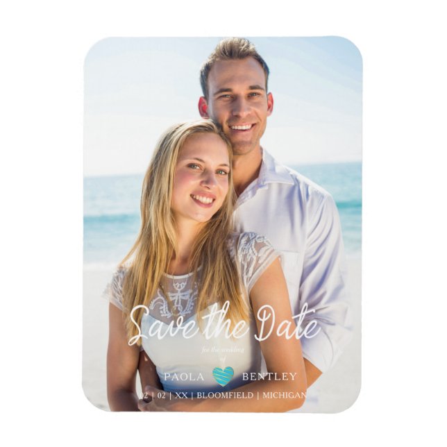 Imán Modern Chic Turquoise Heart Photo Couple Save Date (Vertical)
