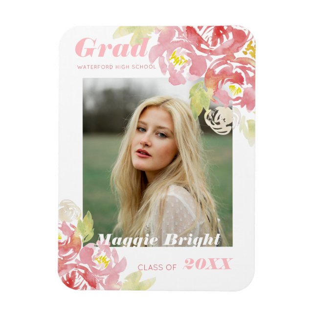 Imán Modern Floral Watercolor Grad Announcement Blush (Vertical)