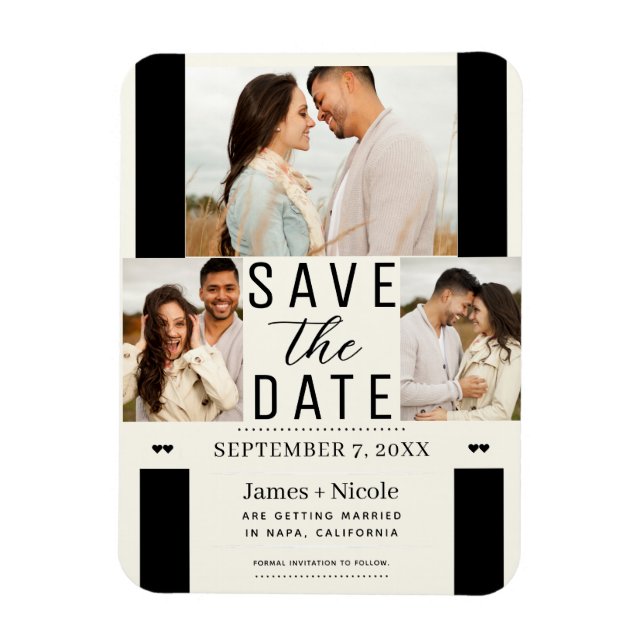 Imán Modern Off White Save the Date 3 Photo Boda (Vertical)