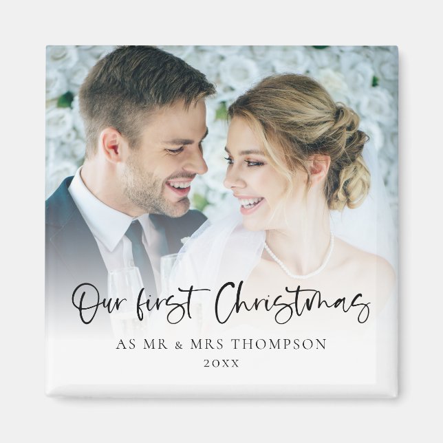 Imán Modern Our First Christmas As Mr Mrs Photo Script (Frente)
