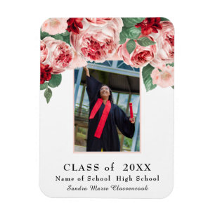 Imán modern, Pink Rose floral graduation announcement M
