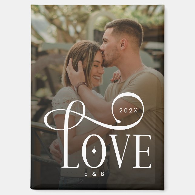 Imán Modern Script Love Custom Engaged Couples Photo (Anverso)