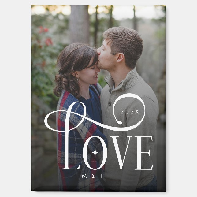 Imán Modern Script Love Custom Engaged Couples Photo (Anverso)