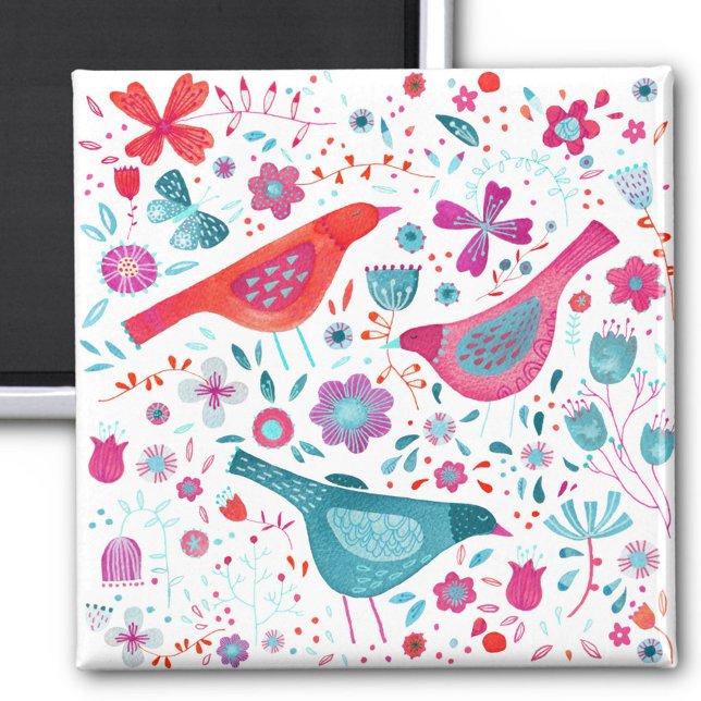 Imán Moderna acuarela floral de aves (Watergolor bird and flower painting art magnet)