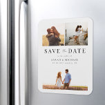 Imán Moderna boda simple de Collage de fotos salva la f<br><div class="desc">Crea tu propia boda ahorra los imanes de fecha con 3 de tus fotos favoritas. Diseño de tipografía moderna con un sencillo collage de 3 fotos.</div>