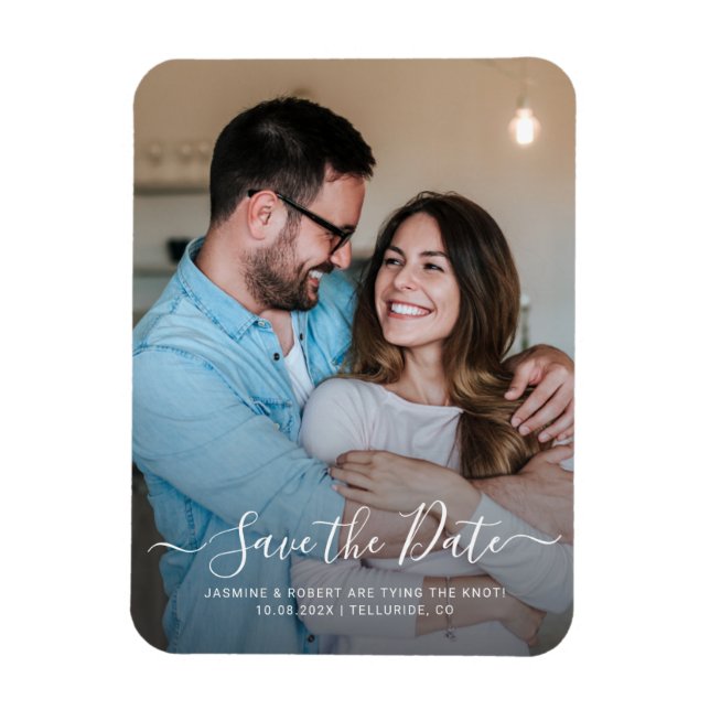 Imán Moderna caligrafía fotográfica Boda salva la fecha (Vertical)