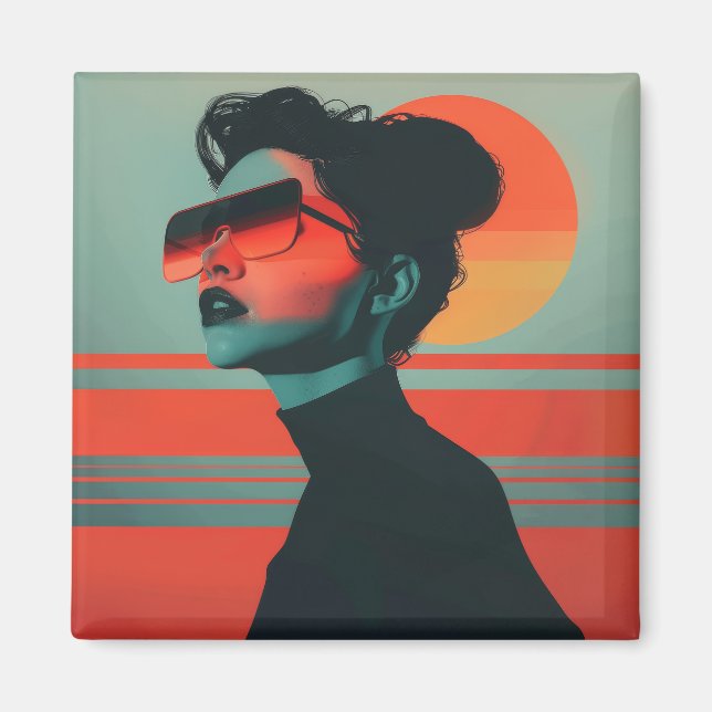 Imán Moderna Mujer Retro Sunset Magnet (Frente)