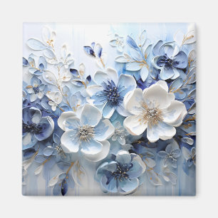 Imán Moderno Botánico Floral Azul Blanco Elegante
