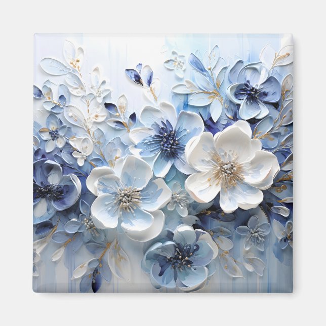 Imán Moderno Botánico Floral Azul Blanco Elegante (Frente)