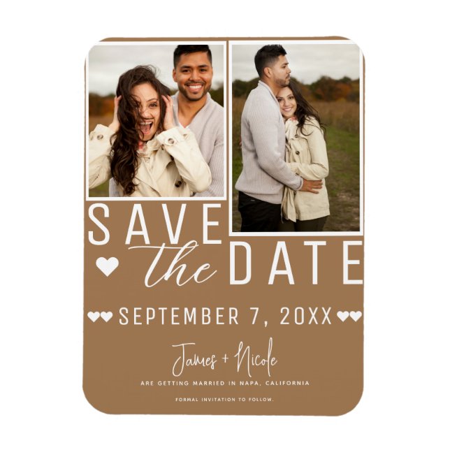 Imán Moderno Brown Save the Date 2 Fotos Boda (Vertical)