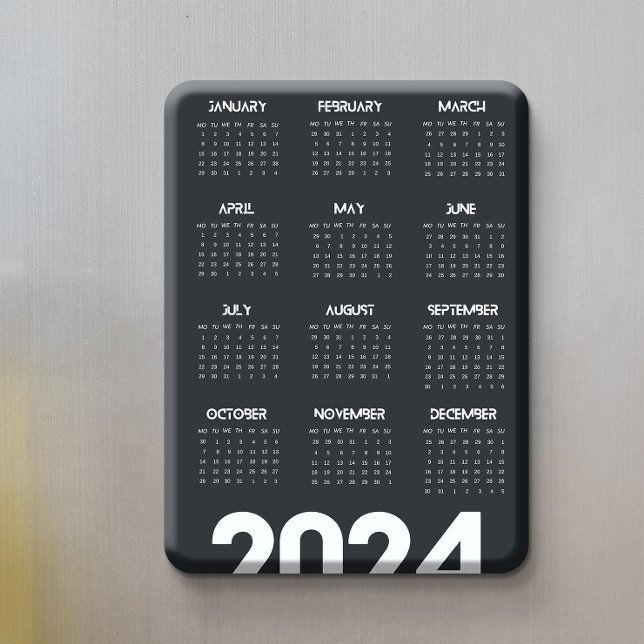 Imán Moderno Calendario Elegante 2024 Blanco Y Negro (Modern Elegant 2024 Calendar Black And White Magnet)