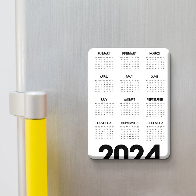 Imán Moderno Calendario Elegante 2024 Blanco Y Negro (Modern Elegant 2024 Calendar Black And White Magnet)
