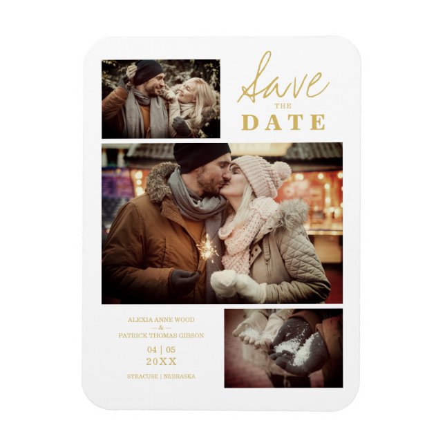 Imán Moderno Efecto Dorado 3 Personalizados Boda de fot (Vertical)