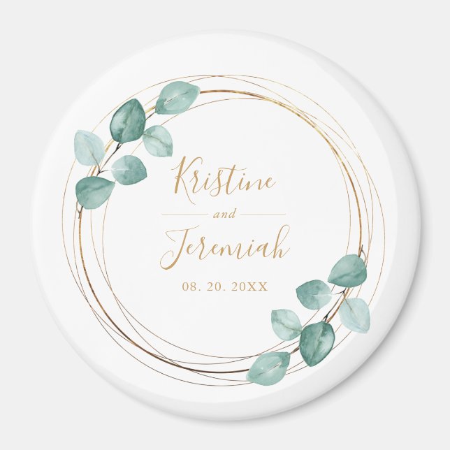 Imán Moderno Eucalyptus Watercolor Gold Script Boda (Frente)