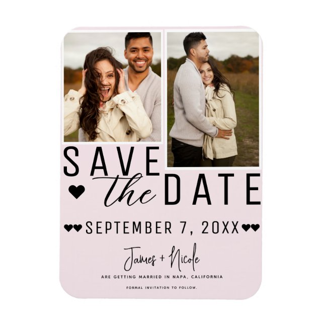 Imán Moderno Rubor Pink Save the Date 2 Photo Boda (Vertical)