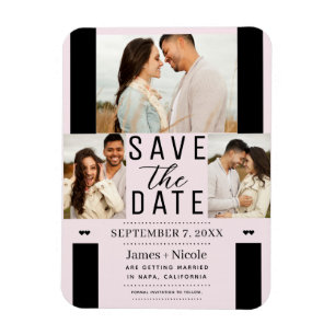 Imán Moderno Rubor Pink Save the Date 3 Photo Boda