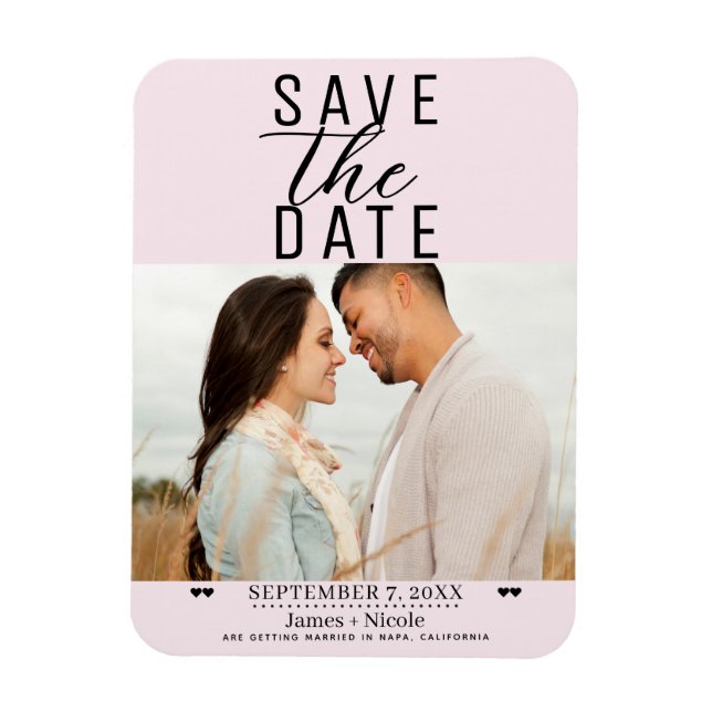 Imán Moderno Rubor Pink Save the Date Boda Photo (Vertical)