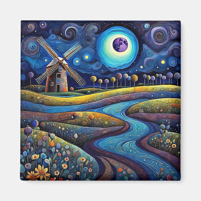 Imán Molino de viento en la noche 4 (Frente)