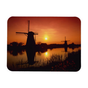 Imán Molinos de viento al atardecer, Kinderdijk, Paíse