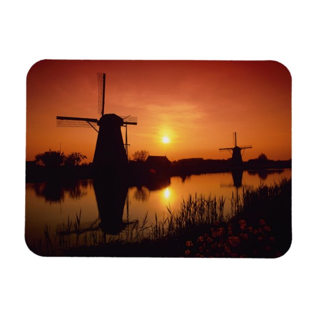 Imán Molinos de viento al atardecer, Kinderdijk, Países (Horizontal)