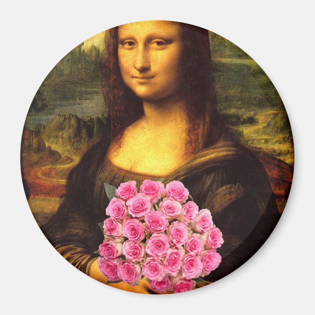 Imán Mona Lisa Con Bouquet De Rosas Rosa (Frente)
