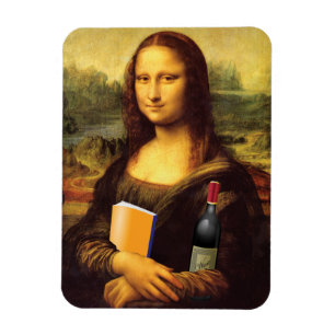 Imán Mona Lisa divertida con vino y libro