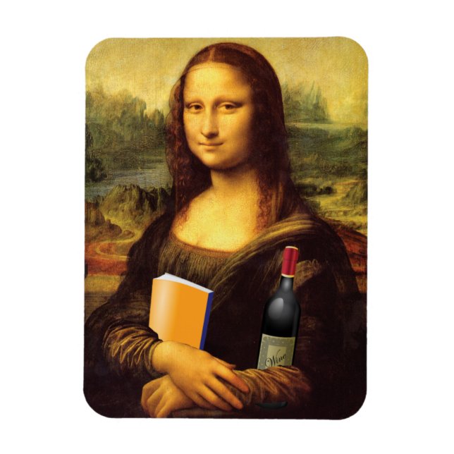 Imán Mona Lisa divertida con vino y libro (Vertical)