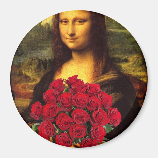 Imán Mona Lisa With Bouquet Of Red Roses (Frente)