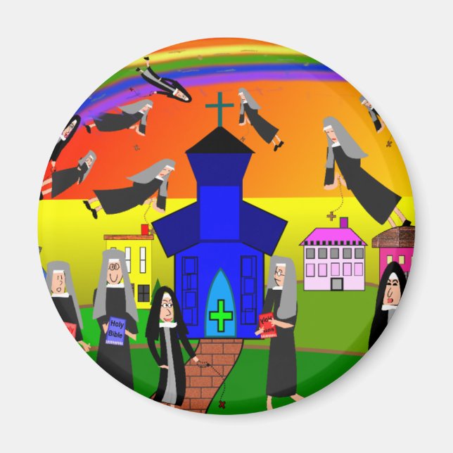 Imán Monjas "Monjas voladoras" Arte caprichoso (Frente)