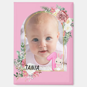 Imán Mono marco floral rosa adorable Primera Navidad de