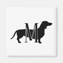 Imán Monogram Initial Black & White Doxie Silhouette 