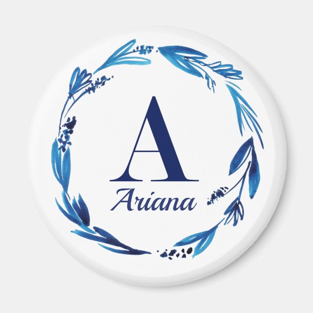 Imán Monograma 'A' de la guirnalda floral azul (Frente)