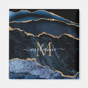 Imán Monograma Agy Marina Azul Oro Gemstone Mármol