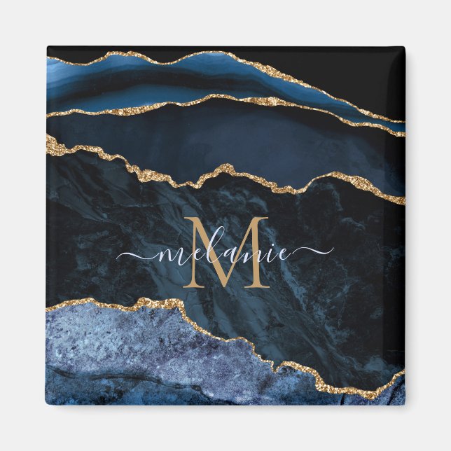 Imán Monograma Agy Marina Azul Oro Gemstone Mármol (Frente)