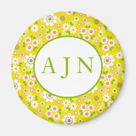Imán Monograma amarillo y blanco con flores de mod retr