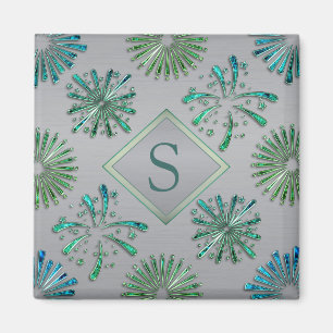 Imán Monograma con patrón azul verde ornamentado elegan