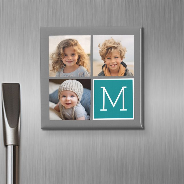 Imán Monograma de Collage de fotos gris y Verde azulado (Personalized fridge magnet with photos and custom text)