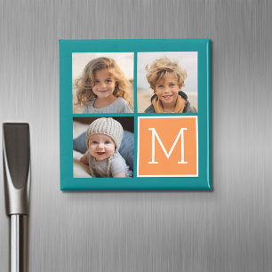 Imán Monograma de Collage de Fotos Naranja y Azul