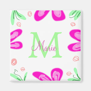 Imán Monograma de flor rosa agregar letra de nombre hoj