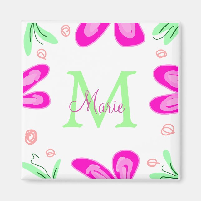 Imán Monograma de flor rosa agregar letra de nombre hoj (Frente)