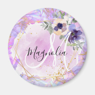 Imán Monograma de Mármol Arcoíris Floral Purpura, Rosa