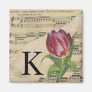 Imán Monograma de música de hojas de tulipán púrpura K