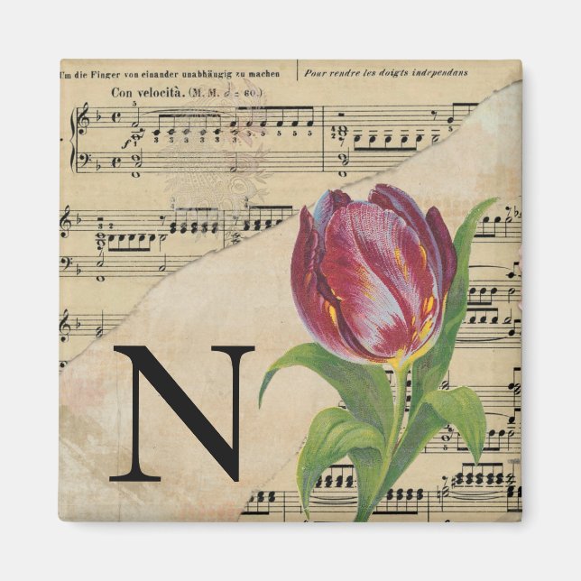 Imán Monograma de música de hojas de tulipán púrpura N  (Frente)