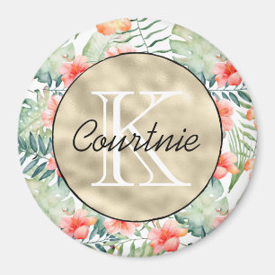 Imán Monograma de oro floral rosa trópico Hibiscus