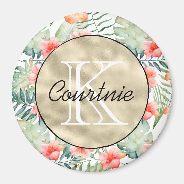 Imán Monograma de oro floral rosa trópico Hibiscus (Frente)