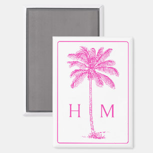 Imán Monograma de palmetto rosa y blanco