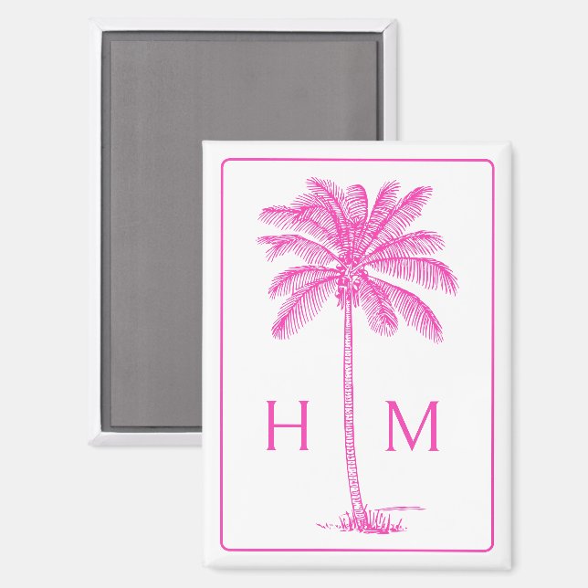 Imán Monograma de palmetto rosa y blanco (Anverso/Reverso)