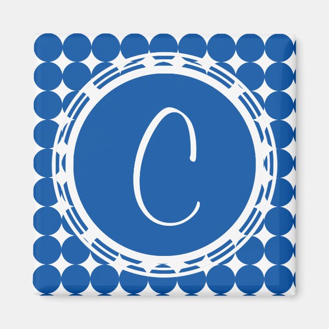 Imán Monograma de puntos de Polka Azul (Frente)