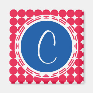 Imán Monograma de puntos de polka azul y rojo