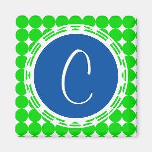 Imán Monograma de puntos de polka azul y verde